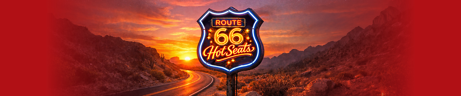 Route 66 Neon Road Sign against a southwest sunset with stars